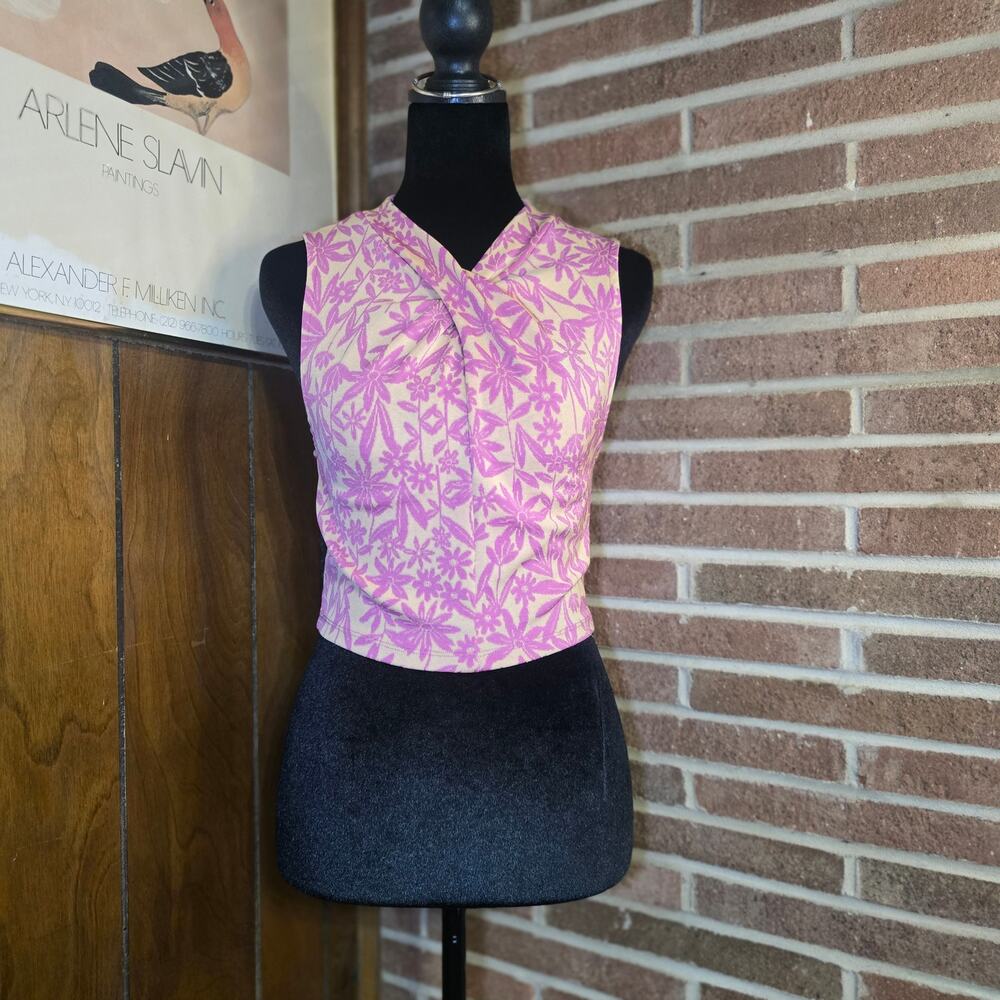 Zara Floral Jacquard Twist Front Crop Top Sleeveless Tank Pink Beige Medium